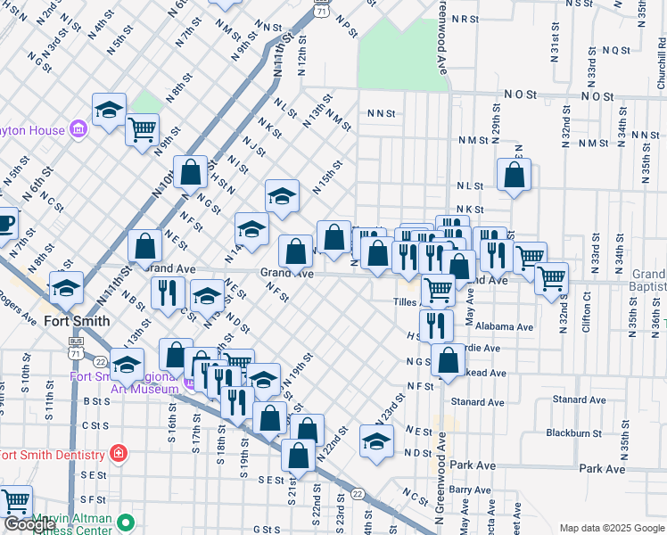 map of restaurants, bars, coffee shops, grocery stores, and more near 1705 Grand Avenue in Fort Smith