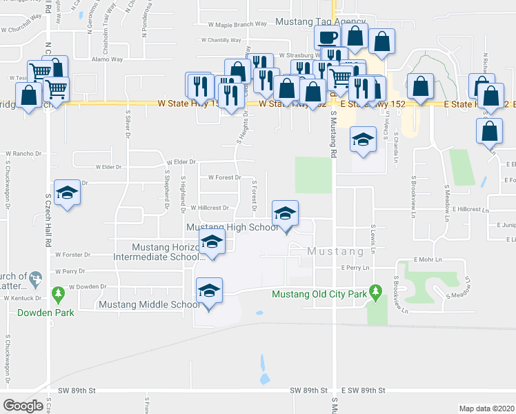 map of restaurants, bars, coffee shops, grocery stores, and more near 624 South Forest Drive in Mustang