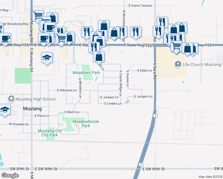 map of restaurants, bars, coffee shops, grocery stores, and more near 609 East Hillcrest Lane in Mustang