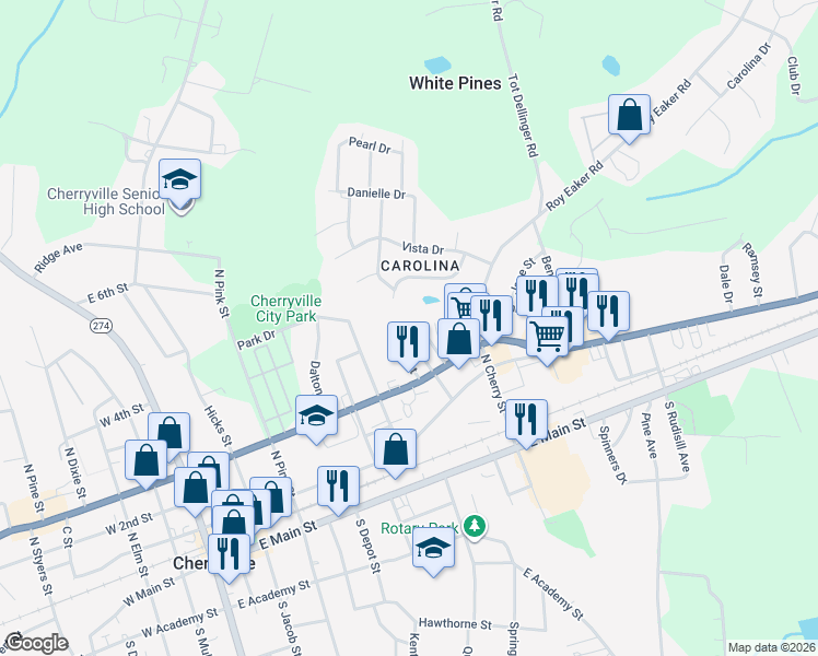 map of restaurants, bars, coffee shops, grocery stores, and more near 315 Brown Street in Cherryville