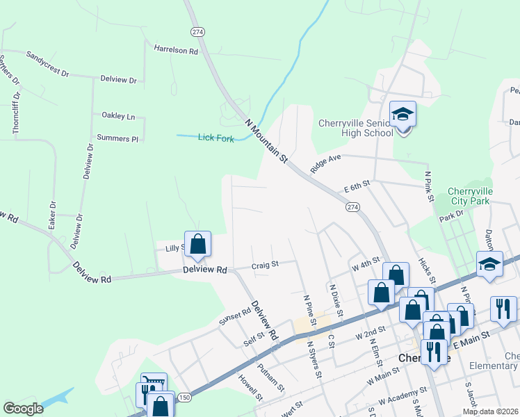 map of restaurants, bars, coffee shops, grocery stores, and more near 711 Hillsdale Drive in Cherryville