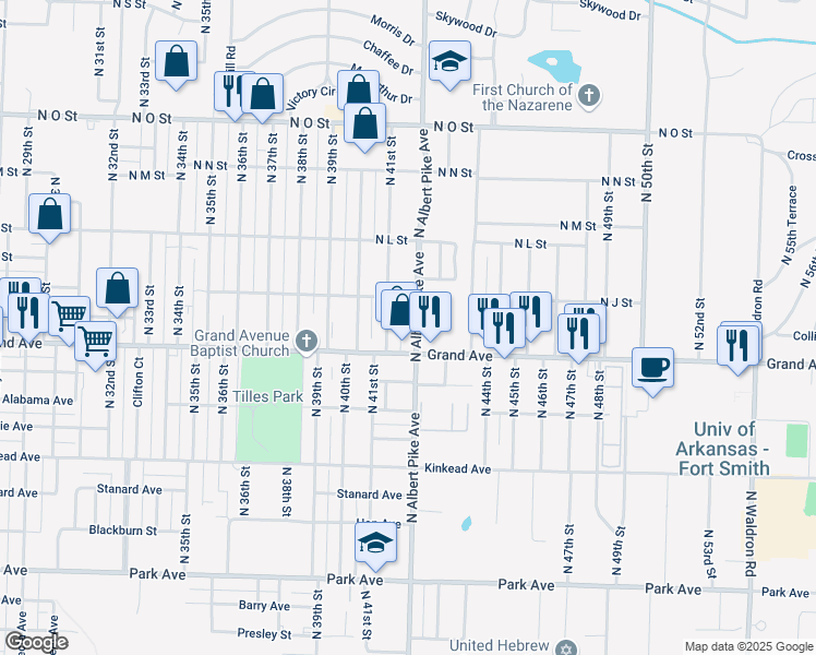 map of restaurants, bars, coffee shops, grocery stores, and more near 1023 North Albert Pike Avenue in Fort Smith