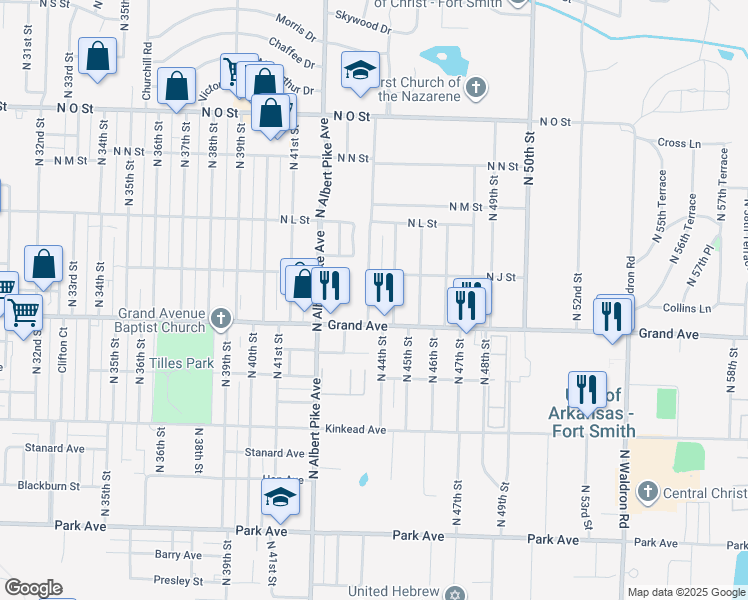 map of restaurants, bars, coffee shops, grocery stores, and more near 1100 North 44th Street in Fort Smith