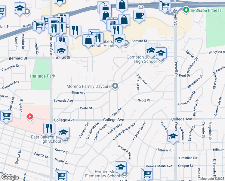 map of restaurants, bars, coffee shops, grocery stores, and more near 2033 Locust Ravine in Bakersfield