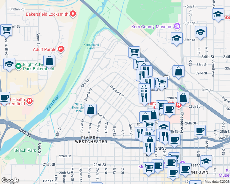 map of restaurants, bars, coffee shops, grocery stores, and more near 2636 Pine Street in Bakersfield