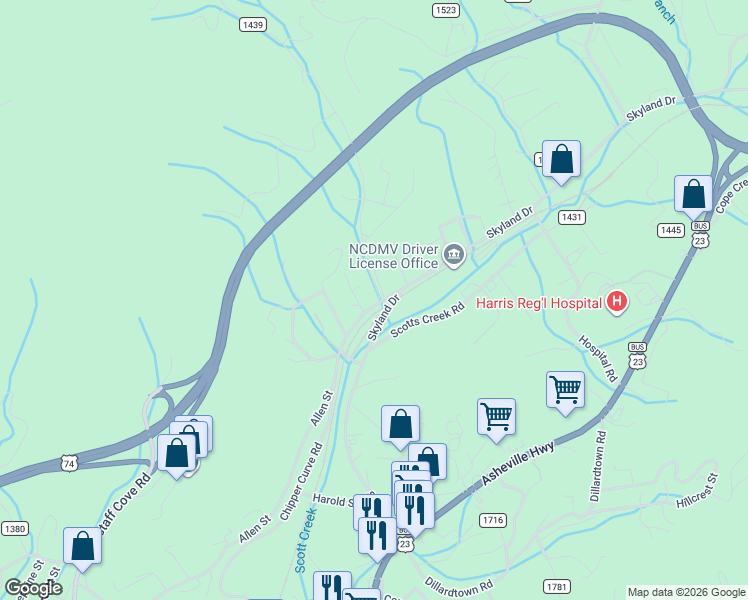 map of restaurants, bars, coffee shops, grocery stores, and more near 7 Magnolia Street in Sylva