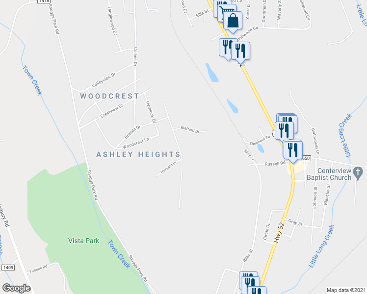 map of restaurants, bars, coffee shops, grocery stores, and more near 1715 Arbor Way in Albemarle