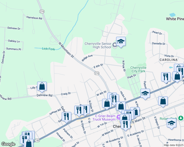 map of restaurants, bars, coffee shops, grocery stores, and more near 619 North Mountain Street in Cherryville