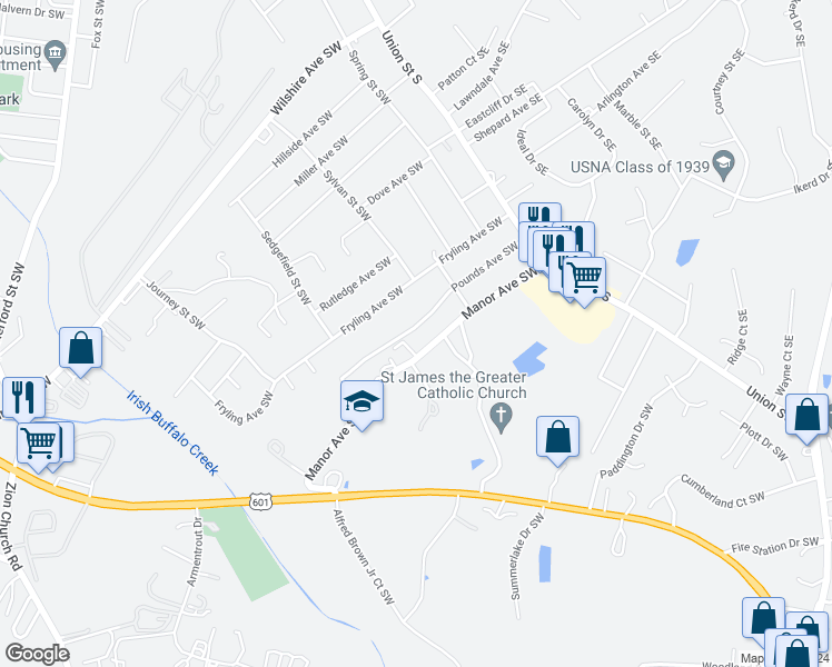 map of restaurants, bars, coffee shops, grocery stores, and more near 163 Pounds Avenue Southwest in Concord