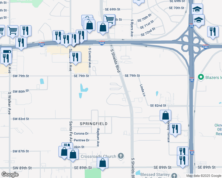 map of restaurants, bars, coffee shops, grocery stores, and more near 200 Southeast Kuhl Terrace in Oklahoma City