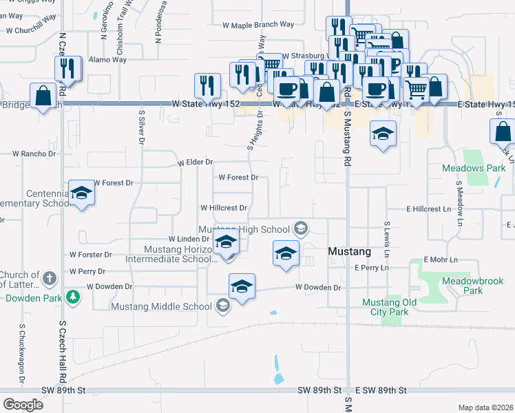 map of restaurants, bars, coffee shops, grocery stores, and more near 624 South Forest Drive in Mustang