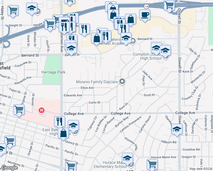 map of restaurants, bars, coffee shops, grocery stores, and more near 2604 Elton Avenue in Bakersfield