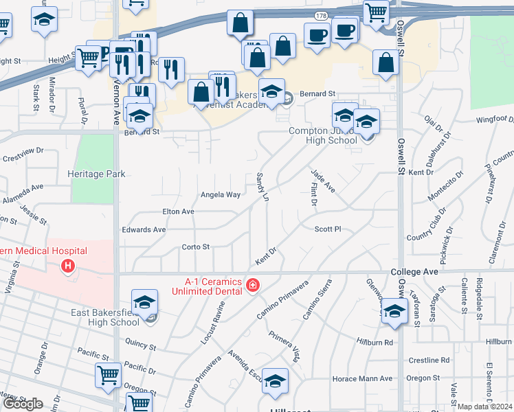 map of restaurants, bars, coffee shops, grocery stores, and more near 2033 Locust Ravine in Bakersfield