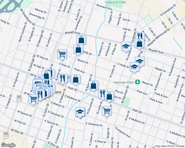map of restaurants, bars, coffee shops, grocery stores, and more near 500 North Kornegay Street in Goldsboro