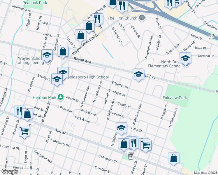 map of restaurants, bars, coffee shops, grocery stores, and more near 1315 Maple Street in Goldsboro