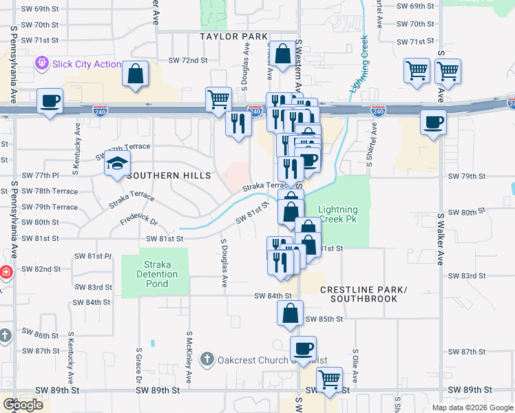 map of restaurants, bars, coffee shops, grocery stores, and more near 1019 Southwest 81st Street in Oklahoma City