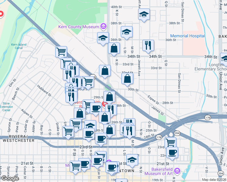 map of restaurants, bars, coffee shops, grocery stores, and more near 1396 Golden State Avenue in Bakersfield