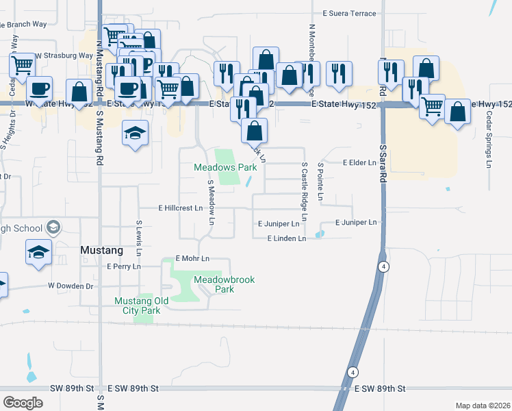 map of restaurants, bars, coffee shops, grocery stores, and more near 519 East Hillcrest Lane in Mustang