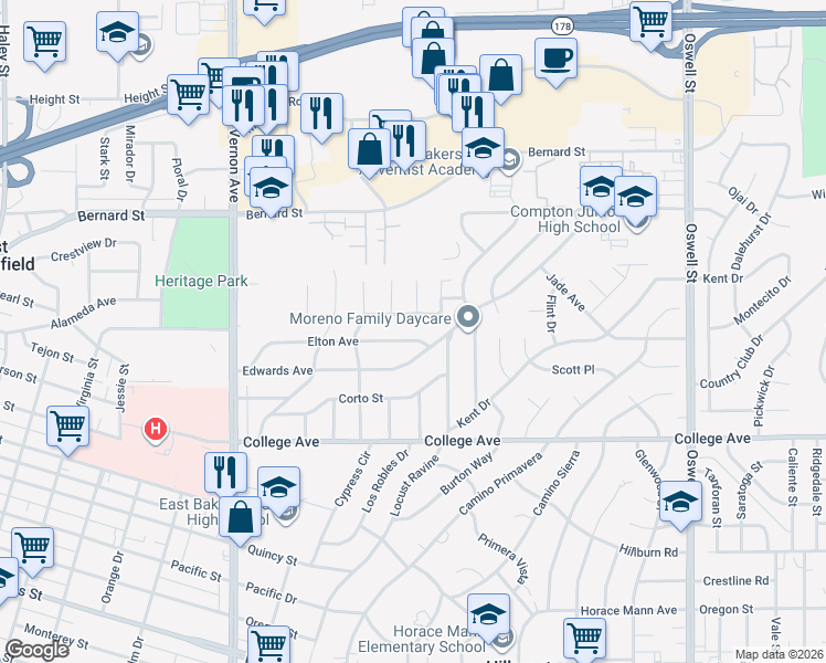 map of restaurants, bars, coffee shops, grocery stores, and more near 2604 Elton Ave in Bakersfield