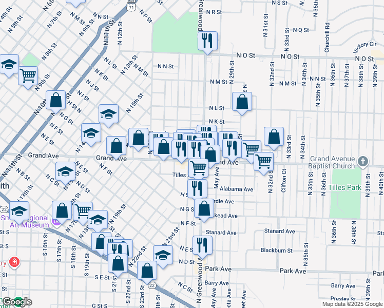 map of restaurants, bars, coffee shops, grocery stores, and more near 2201 Grand Avenue in Fort Smith
