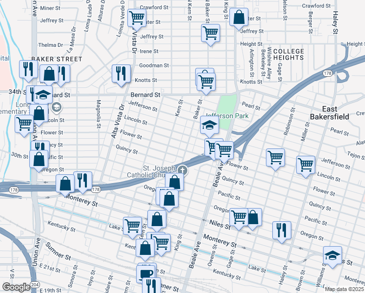 map of restaurants, bars, coffee shops, grocery stores, and more near 2 Flower Street in Bakersfield