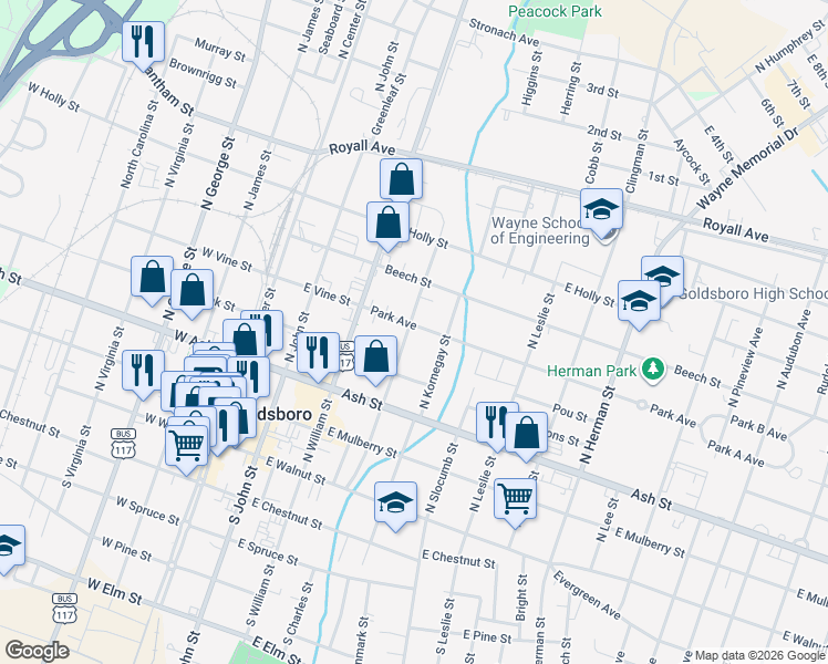 map of restaurants, bars, coffee shops, grocery stores, and more near 400 Park Avenue in Goldsboro