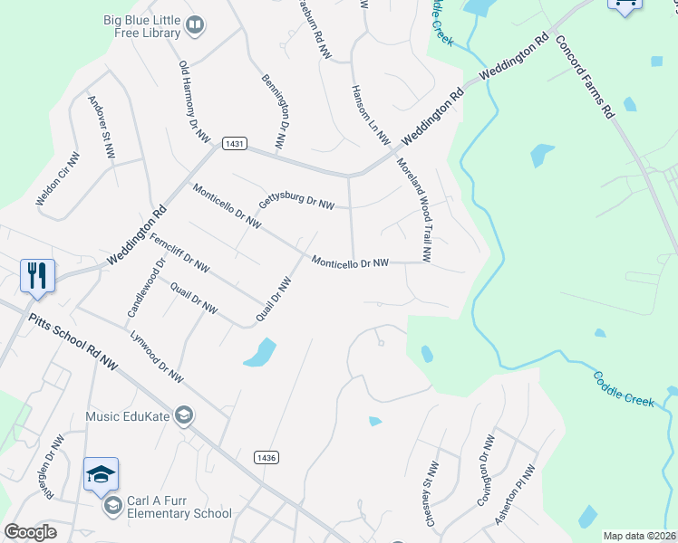 map of restaurants, bars, coffee shops, grocery stores, and more near 5805 Monticello Drive Northwest in Concord