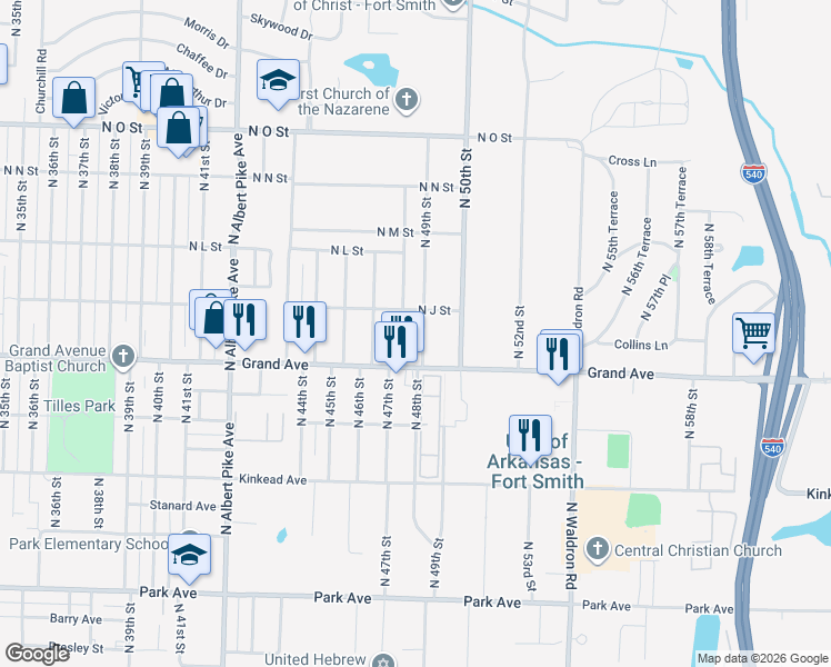 map of restaurants, bars, coffee shops, grocery stores, and more near 1105 North 49th Street in Fort Smith