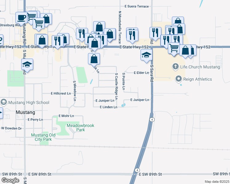 map of restaurants, bars, coffee shops, grocery stores, and more near 633 East Hillcrest Lane in Mustang