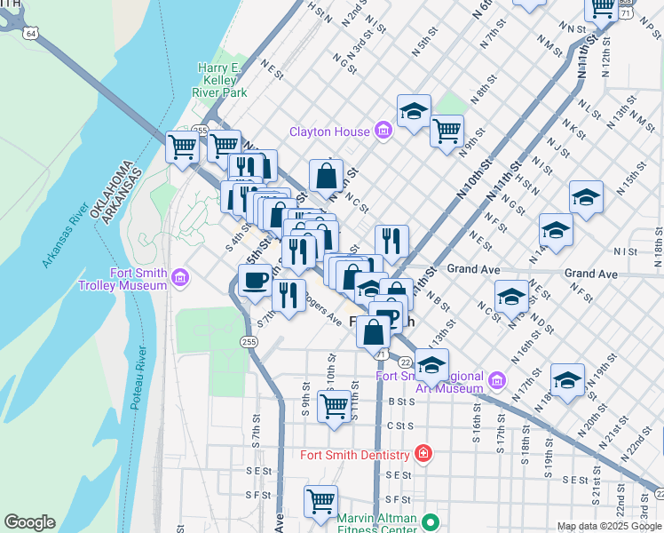 map of restaurants, bars, coffee shops, grocery stores, and more near 723 Garrison Ave in Fort Smith