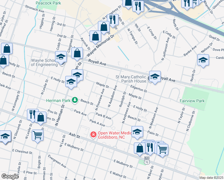 map of restaurants, bars, coffee shops, grocery stores, and more near 713 North Audubon Avenue in Goldsboro