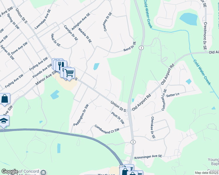 map of restaurants, bars, coffee shops, grocery stores, and more near 35 Ridge Court Southeast in Concord