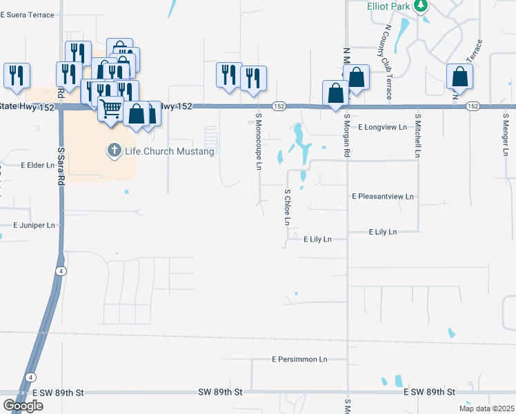 map of restaurants, bars, coffee shops, grocery stores, and more near 531 South Monocoupe Lane in Mustang