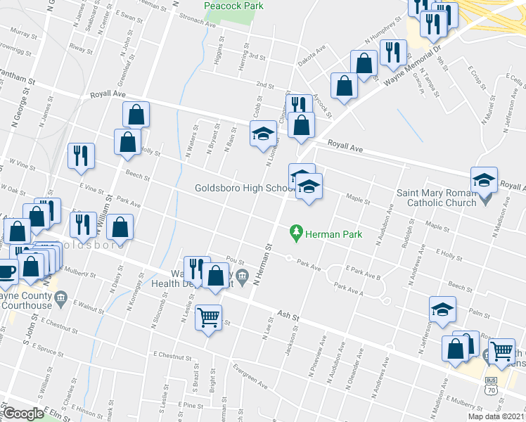 map of restaurants, bars, coffee shops, grocery stores, and more near 805 East Beech Street in Goldsboro