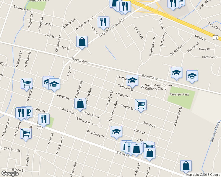 map of restaurants, bars, coffee shops, grocery stores, and more near 1313 East Maple Street in Goldsboro
