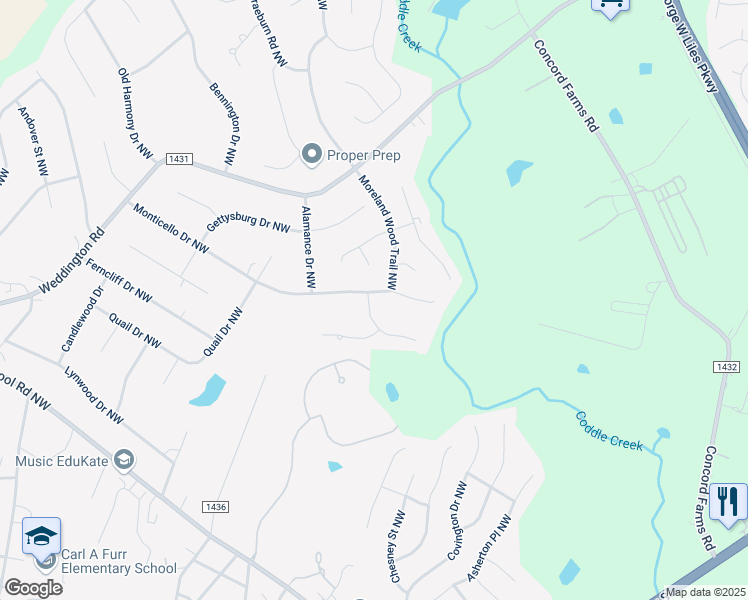 map of restaurants, bars, coffee shops, grocery stores, and more near 2000 Stoney Creek Drive Northwest in Concord
