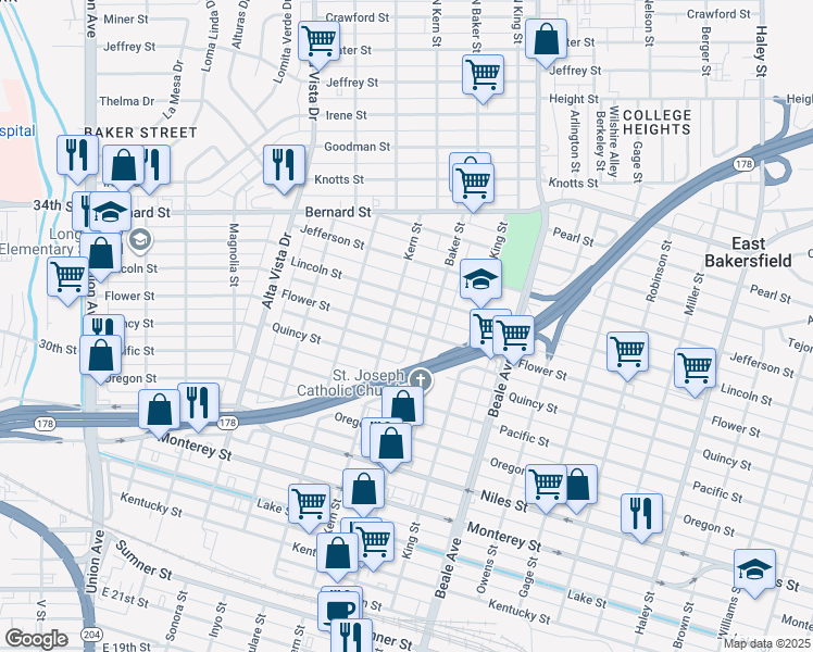 map of restaurants, bars, coffee shops, grocery stores, and more near 610 Flower Street in Bakersfield