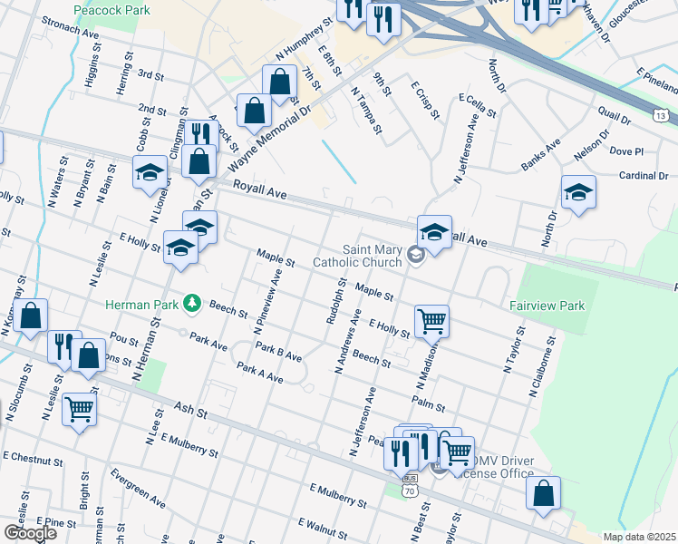 map of restaurants, bars, coffee shops, grocery stores, and more near 1313 East Maple Street in Goldsboro
