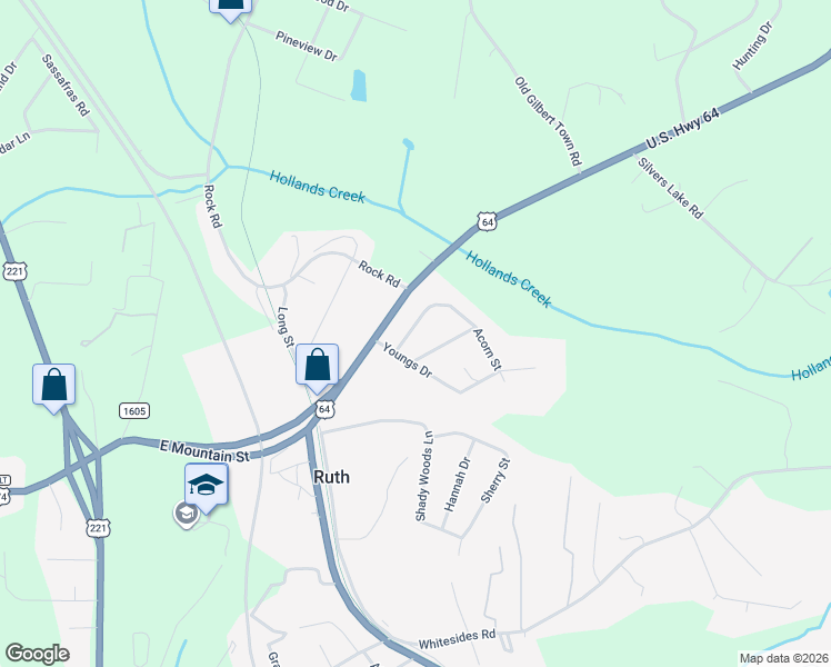 map of restaurants, bars, coffee shops, grocery stores, and more near 199 Northview-Dorsey Street in Rutherfordton