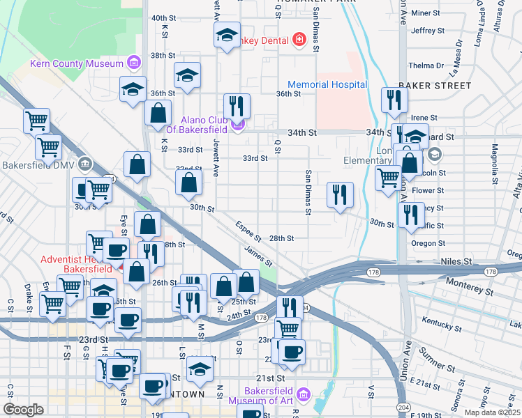map of restaurants, bars, coffee shops, grocery stores, and more near 826 30th Street in Bakersfield