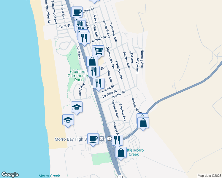 map of restaurants, bars, coffee shops, grocery stores, and more near 499 La Jolla Street in Morro Bay