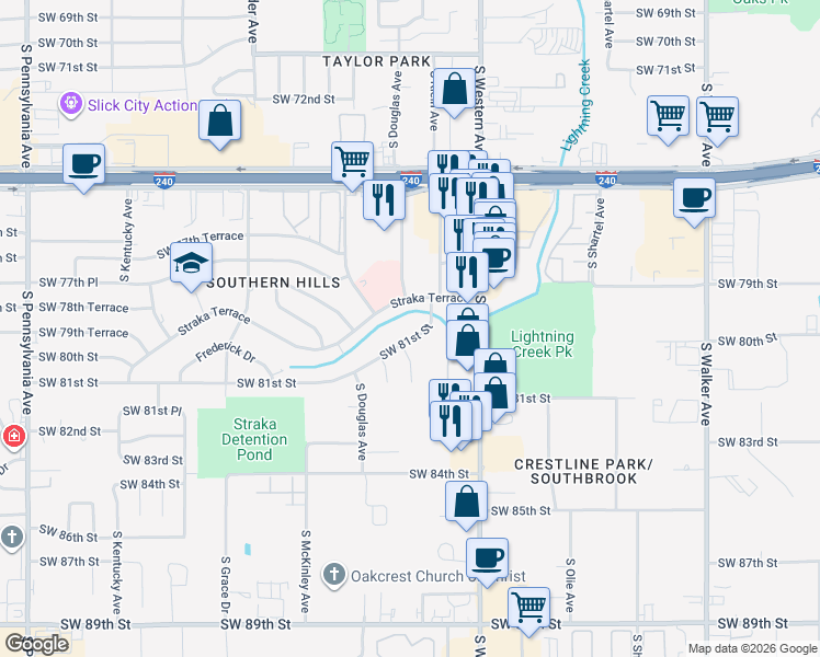 map of restaurants, bars, coffee shops, grocery stores, and more near 1019 Southwest 81st Street in Oklahoma City