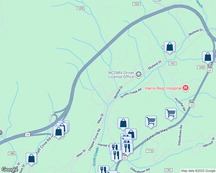 map of restaurants, bars, coffee shops, grocery stores, and more near 55 Smith St in Sylva