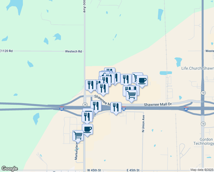 map of restaurants, bars, coffee shops, grocery stores, and more near 4901 North Kickapoo Street in Shawnee