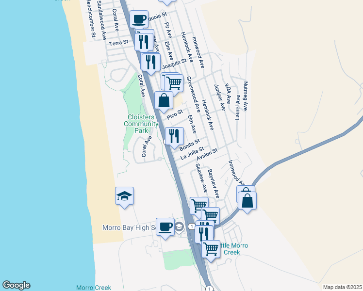 map of restaurants, bars, coffee shops, grocery stores, and more near 425 Bonita Street in Morro Bay