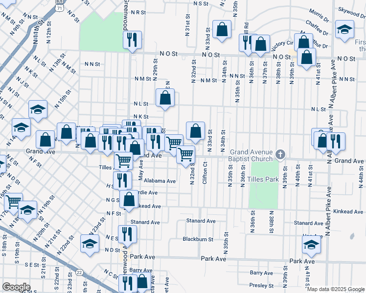 map of restaurants, bars, coffee shops, grocery stores, and more near 3100-3198 North I Street in Fort Smith