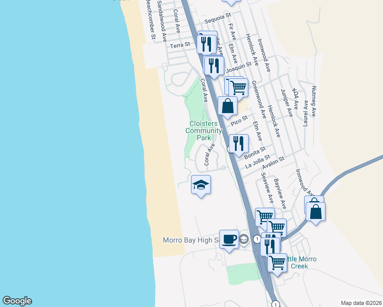 map of restaurants, bars, coffee shops, grocery stores, and more near 2279 Emerald Circle in Morro Bay