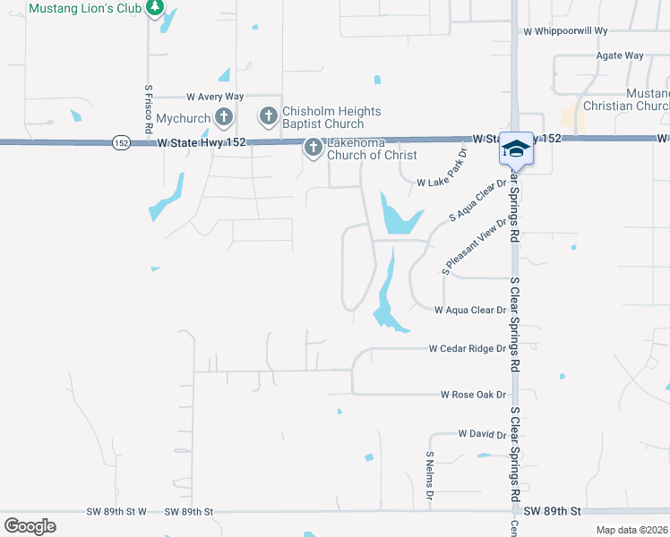 map of restaurants, bars, coffee shops, grocery stores, and more near 629 South Lakehoma Place Drive in Mustang