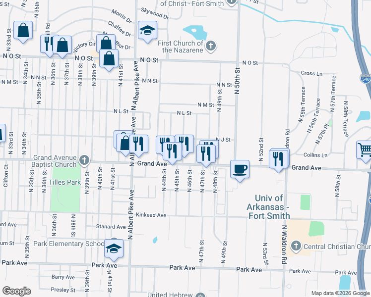 map of restaurants, bars, coffee shops, grocery stores, and more near 1103 North 46th Street in Fort Smith