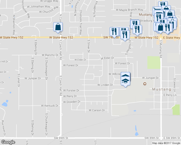 map of restaurants, bars, coffee shops, grocery stores, and more near 659 West Hillcrest Drive in Mustang